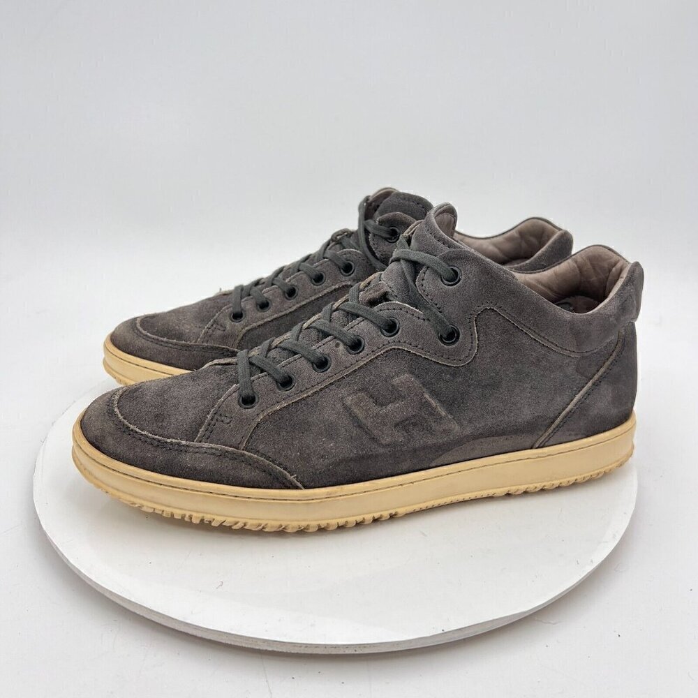 Hogan Men Size 7.5 Grey Suede Emboss Logo White Sole Mid Top Lace Up Shoes